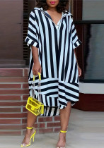 Plus Size Women Summer Striped Printed Short Sleeve Loose Casual Shirt Dress