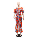 Women Printed Patchwork Irregular Short Sleeve Tie Jumpsuit