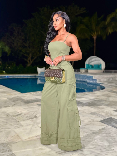 Women Sexy Strap Cargo Wide Leg Jumpsuit