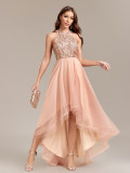 Women Halter Neck Sequin Patchwork Multi-Layered Mesh Sleeveless Irregular Evening Dress