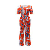 Women Printed Patchwork Irregular Short Sleeve Tie Jumpsuit