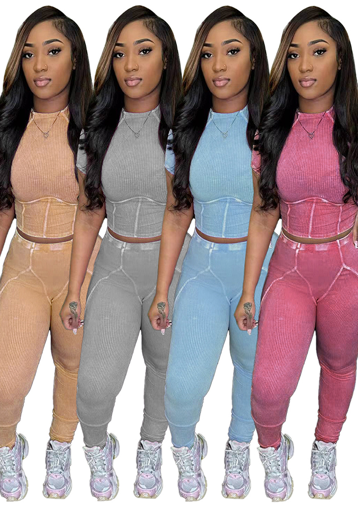 Women washed Ribbed short-sleeved top and trousers two-piece set