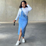 Women Street Pocket Slit Denim Suspender Skirt