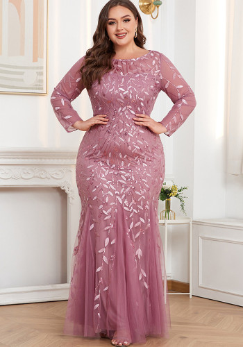 Plus Size Women Long Sleeve Round Neck Zipper Fishtail Embroidery Evening Dress
