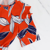 Women Printed Patchwork Irregular Short Sleeve Tie Jumpsuit