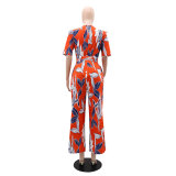 Women Printed Patchwork Irregular Short Sleeve Tie Jumpsuit