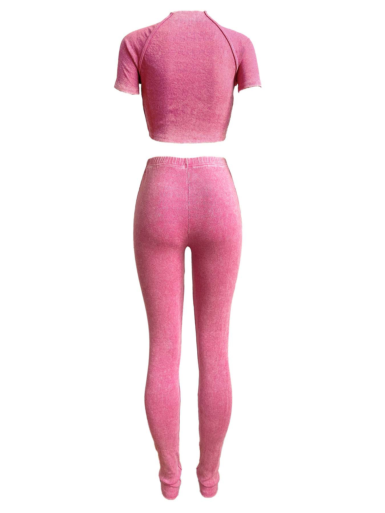 Women washed Ribbed short-sleeved top and trousers two-piece set