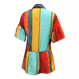 Women Loose Printed Multi-Color Top Short Sleeve Shirt Dress