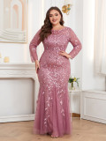 Plus Size Women Long Sleeve Round Neck Zipper Fishtail Embroidery Evening Dress