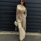 Women Solid Lace Up Long Sleeve Crop Top Wide Leg Pants Two Piece Set