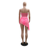 Women Sexy V-Neck Strapless See-Through Sequined Irregular Mini Dress