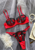 Women mesh embroidery See-Through sexy lingerie two-piece set