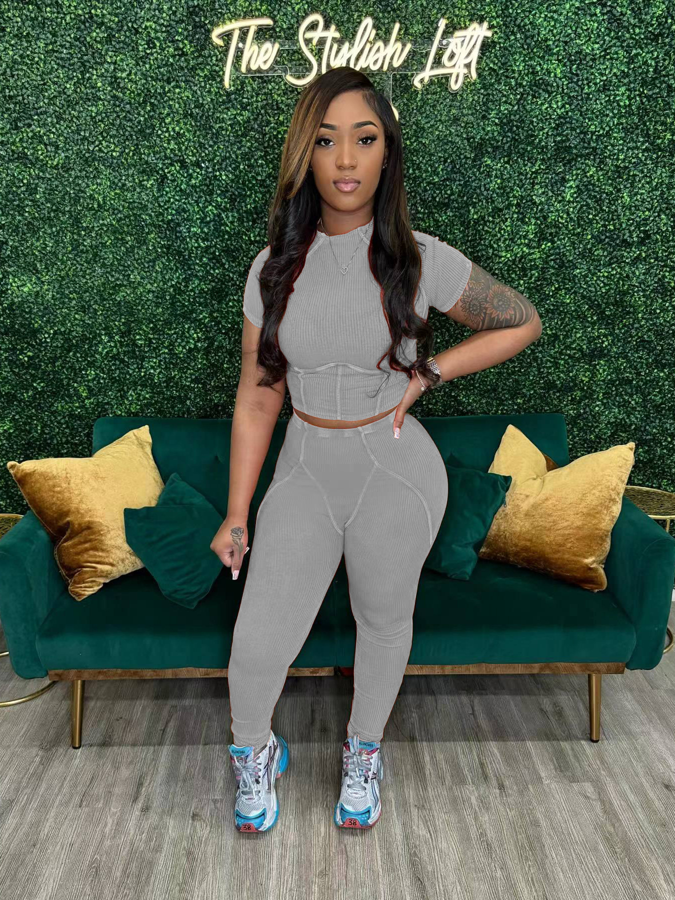 Women washed Ribbed short-sleeved top and trousers two-piece set