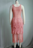 Women Casual Round Neck Sleeveless knitting Mesh Tassel See-Through Dress