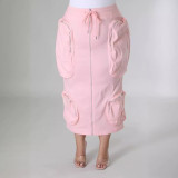 Plus Size Women Waist Cord Zipper Cargo Skirt