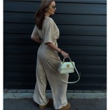 Women Solid Belted V-Neck Casual Jumpsuit Wide Leg Pants