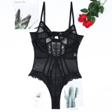 Women Black Lace Patchwork Suspender Bodysuit Sexy Lingerie