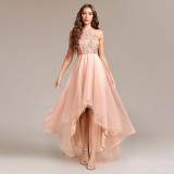 Women Halter Neck Sequin Patchwork Multi-Layered Mesh Sleeveless Irregular Evening Dress