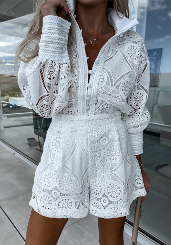 Women Casual Solid Single Breasted Stand Collar Top Lace Shorts Two Piece Set