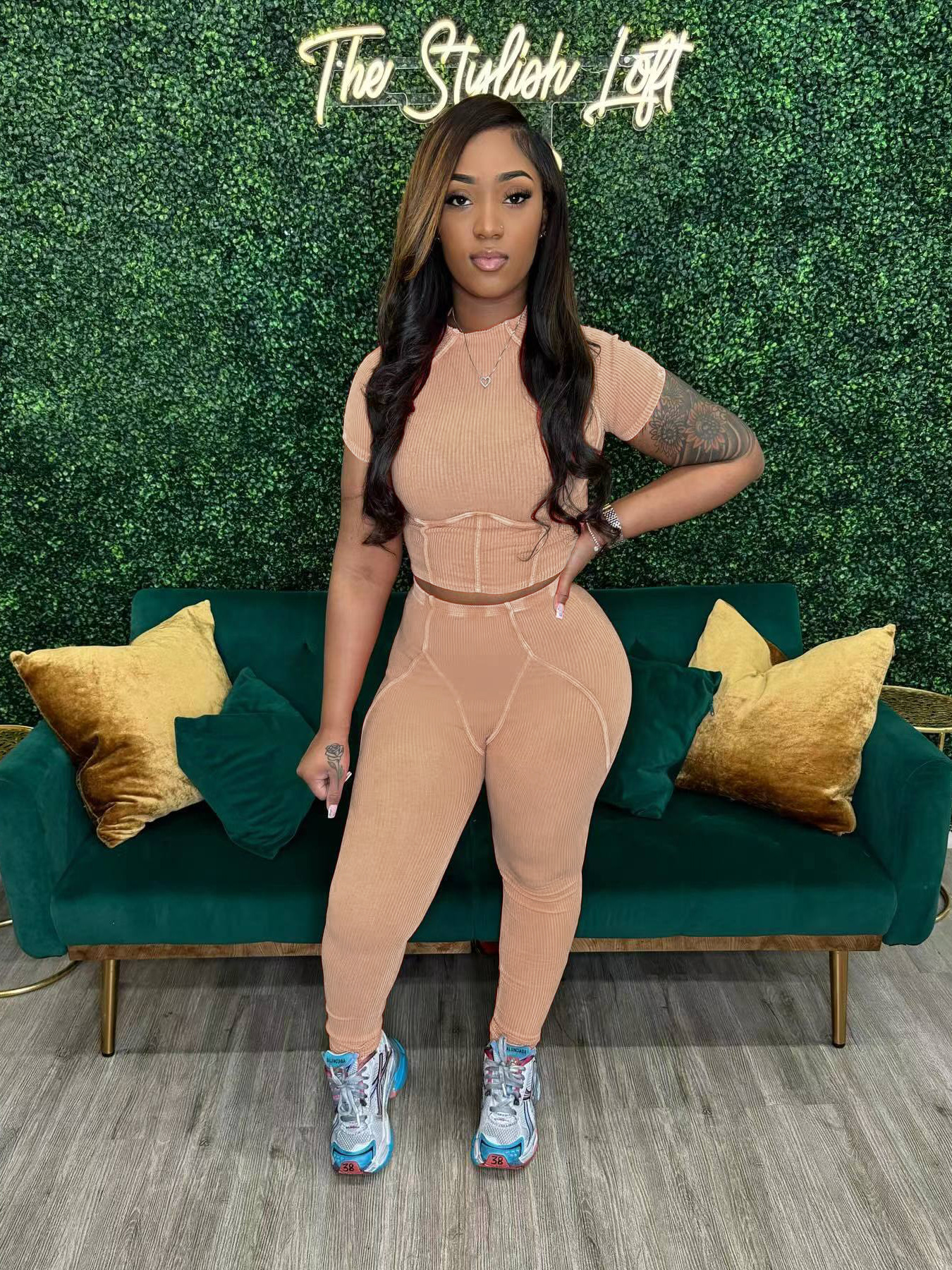 Women washed Ribbed short-sleeved top and trousers two-piece set