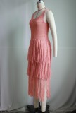 Women Casual Round Neck Sleeveless knitting Mesh Tassel See-Through Dress