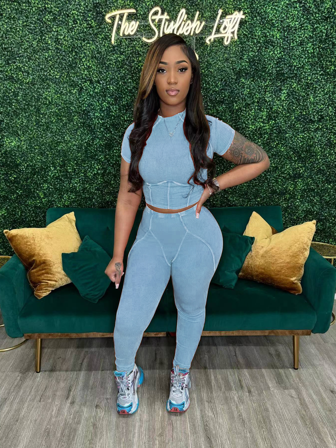 Women washed Ribbed short-sleeved top and trousers two-piece set