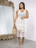 Women Casual Round Neck Sleeveless knitting Mesh Tassel See-Through Dress