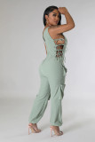 Women v-neck Lace-Up Cargo Jumpsuit