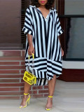 Plus Size Women Summer Striped Printed Short Sleeve Loose Casual Shirt Dress