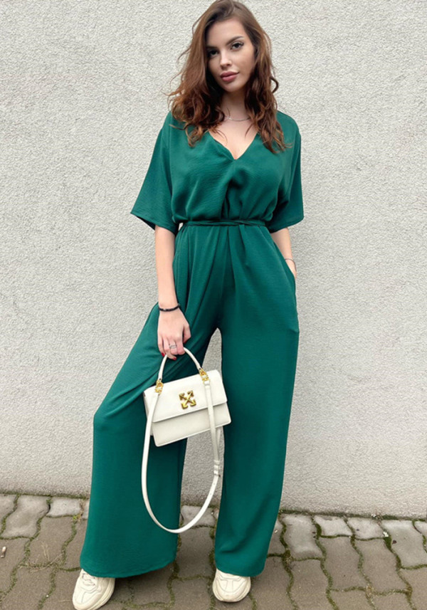 Women Solid Belted V-Neck Casual Jumpsuit Wide Leg Pants
