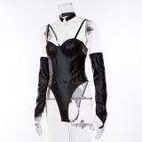 Women sexy lacquered Pu-Leather suspender one-piece sexy lingerie two-piece set including sleeves