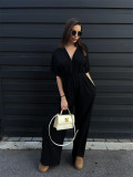 Women Solid Belted V-Neck Casual Jumpsuit Wide Leg Pants