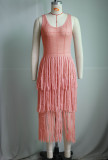 Women Casual Round Neck Sleeveless knitting Mesh Tassel See-Through Dress