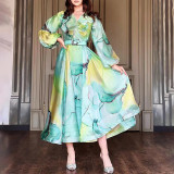Plus Size Women Printed Turndown Collar Mesh Dress