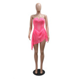 Women Sexy V-Neck Strapless See-Through Sequined Irregular Mini Dress