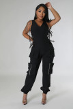 Women v-neck Lace-Up Cargo Jumpsuit