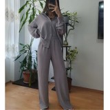 Women Solid Loose Top Casual Wide Leg Pants Two-piece Set