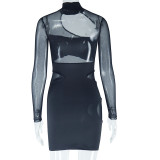 Women Solid Sexy Hollow Mesh Patchwork Bodycon Dress