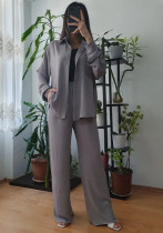 Women Solid Loose Top Casual Wide Leg Pants Two-piece Set