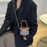 Women Sparkling Diamond Bucket Bag Pleated Chain Shoulder Bag