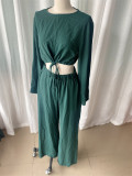 Women Solid Lace Up Long Sleeve Crop Top Wide Leg Pants Two Piece Set