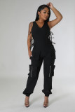 Women v-neck Lace-Up Cargo Jumpsuit
