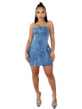 Women Sexy Strapless Washed Button Stretch Denim Dress