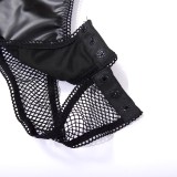 Women sexy lacquered Pu-Leather suspender one-piece sexy lingerie two-piece set including sleeves