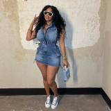 Women Short Sleeve Stretch Bodycon Denim Dress
