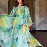 Plus Size Women Printed Turndown Collar Mesh Dress