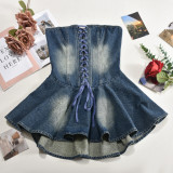 Women zippered chest-wrapped sexy Denim ruffle skirt
