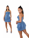Women Sexy Strapless Washed Button Stretch Denim Dress