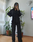 Women Solid Loose Top Casual Wide Leg Pants Two-piece Set