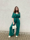 Women Solid Belted V-Neck Casual Jumpsuit Wide Leg Pants